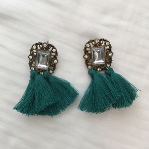 Green tassel statement earrings